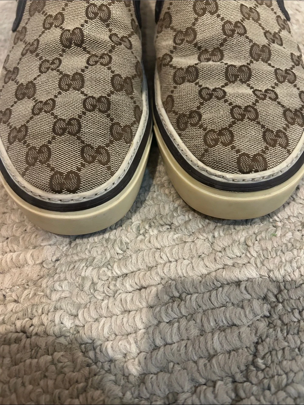 Gucci Beige Brown GG Canvas Slip-On Loafer with Dark Brown Trim